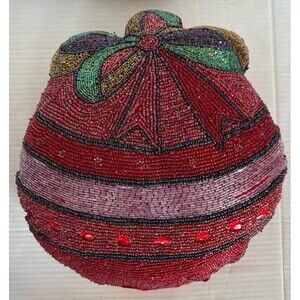 Vintage Beaded Ornament Shaped Accent Pillow Red Satin Christmas Decor
